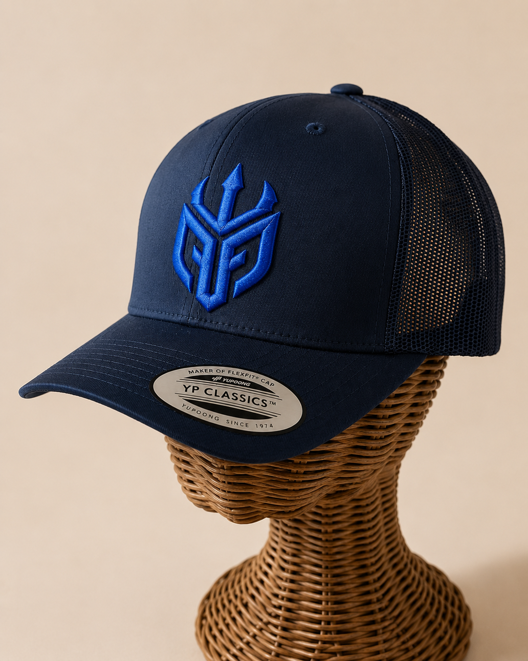 🔵⚔️ Sapphire Tide – Poseidon Ward · Blue puff · Dark Navy Curved Trucker | Hand Finished in Dubai | EmbroMania