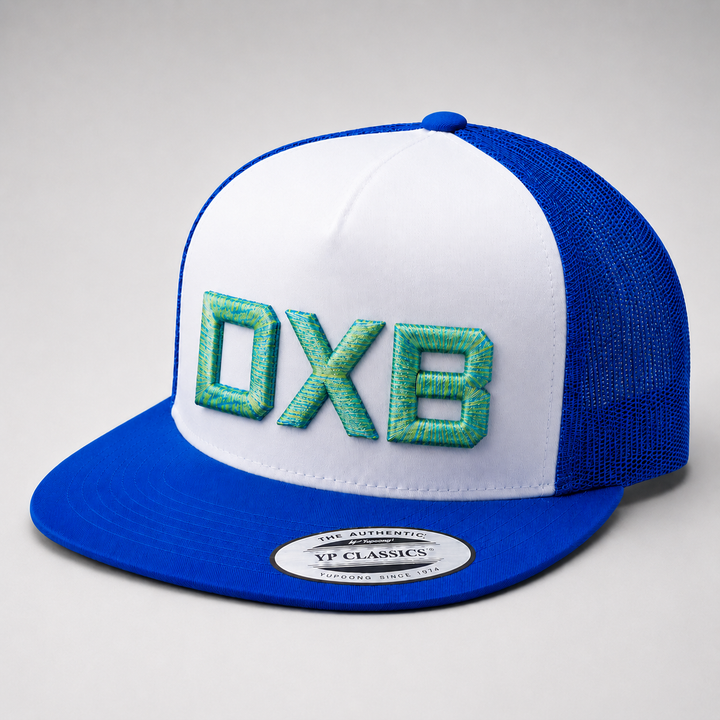🐬 Reef – Metro Block 3D Puff · Lime green yellow-green electric blue · Navy white flat trucker | Hand Finished in Dubai | EmbroMania