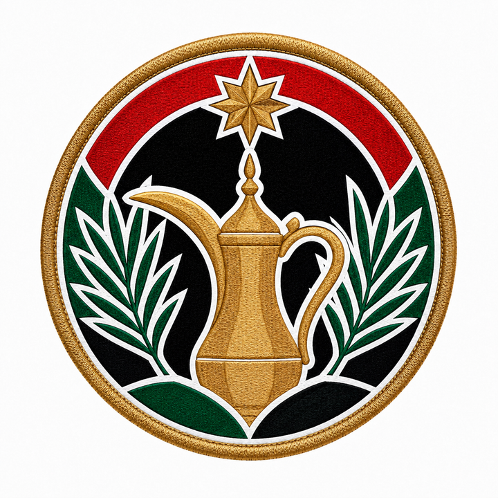 Royal Dallah Palm Emblem embroidery patch featuring a dallah coffee pot framed by palm leaves and a star finial | Hand Finished in Dubai | EmbroMania