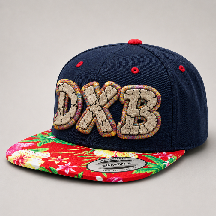 🎪 Sahara Carnival – Cracked 3D Puff · Beige fill · Red orange yellow teal purple multicolour outline · Navy crown tropical floral brim | Hand Finished in Dubai | EmbroMania