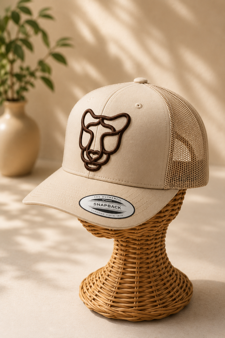 🌊🐆 Dark Navy Stalk – Silent Prowl Panther · White puff · Dark Navy Curved Trucker | Hand Finished in Dubai | EmbroMania