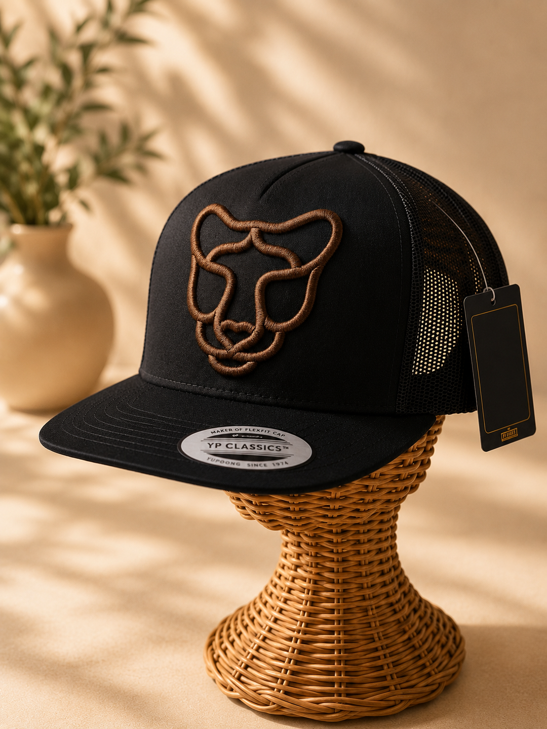 🌊🐆 Phantom Stride – Silent Prowl Panther · White puff · Steel Blue Flat Trucker | Hand Finished in Dubai | EmbroMania