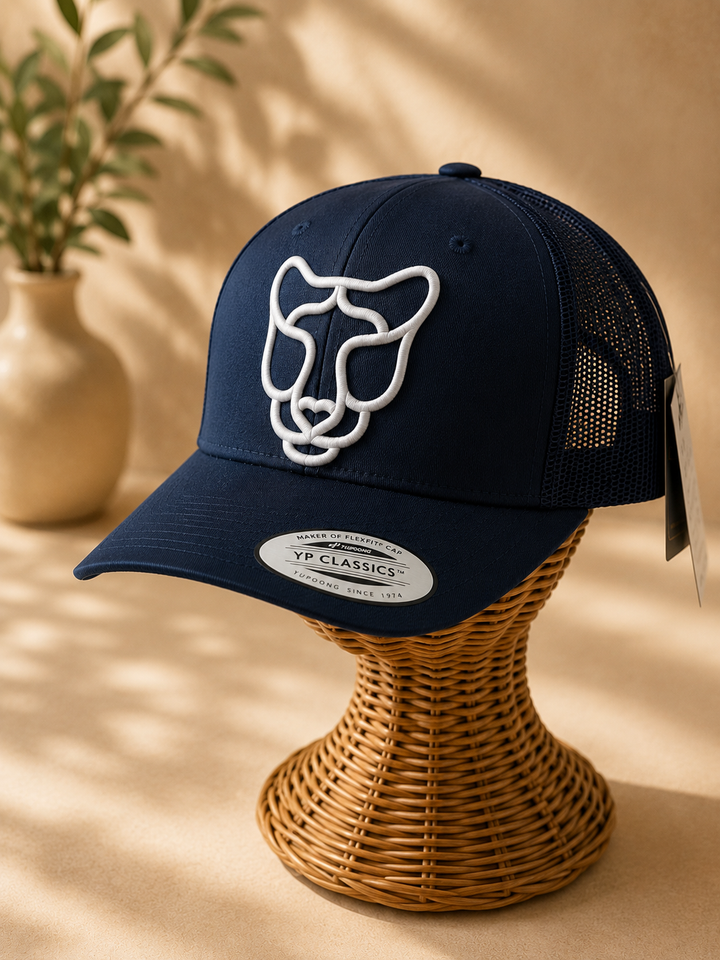 🏜️🐆 Sahara Stalk – Silent Prowl Panther · Brown puff · Sand Beige Retro Trucker | Hand Finished in Dubai | EmbroMania