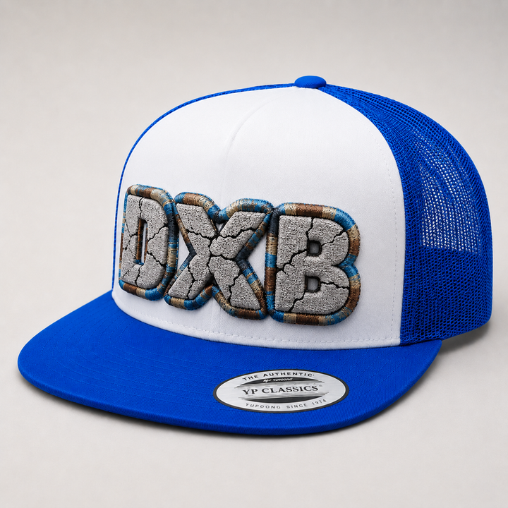 🌊 Silver Drift – Cracked 3D Puff · Light grey fill · Steel blue teal brown beige outline · Slate blue flat trucker | Hand Finished in Dubai | EmbroMania