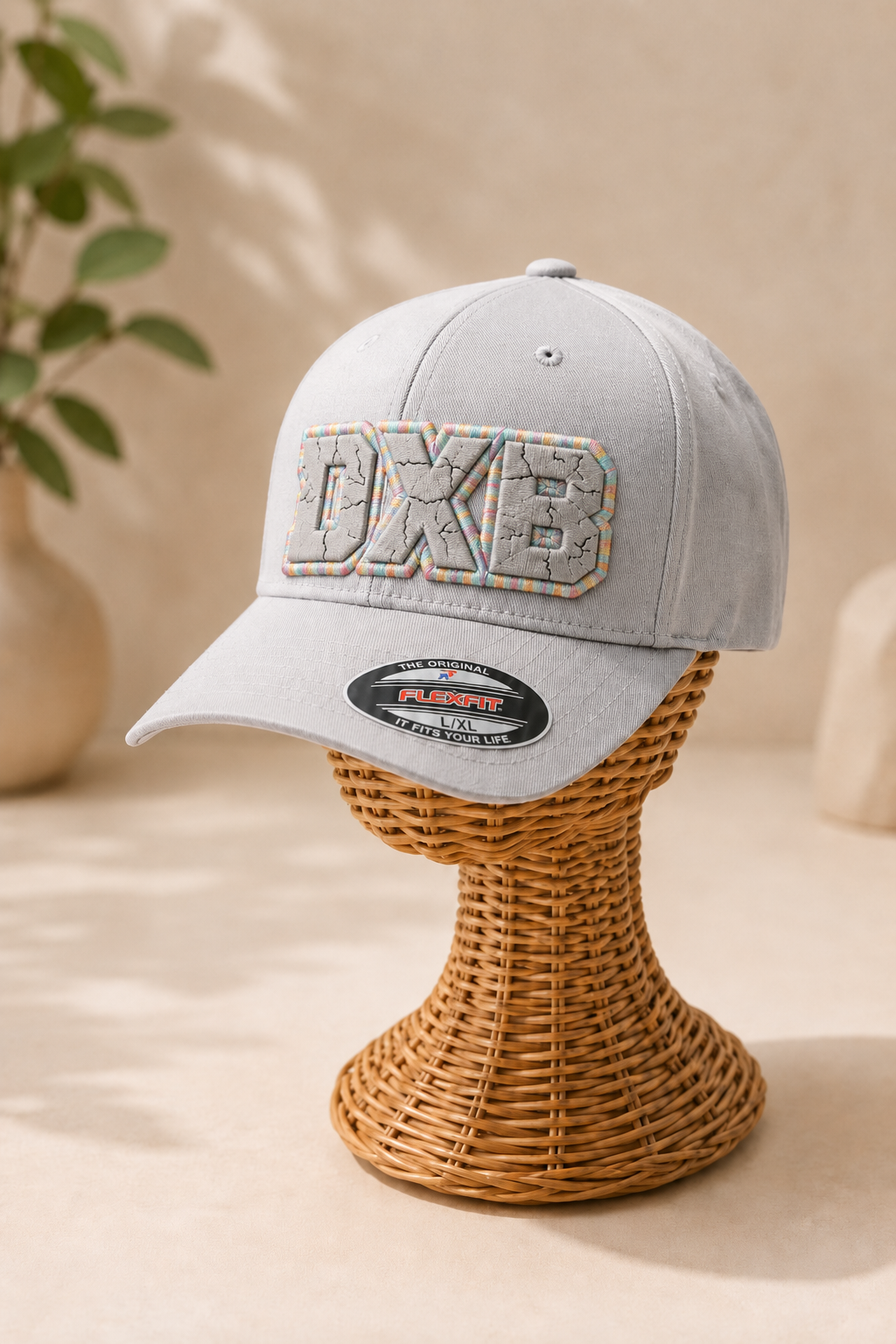 🌸 Silver Gelato – Cracked 3D Puff · Light grey fill · Pale yellow pink lavender mint sky blue outline · Light grey Flexfit curved | Hand Finished in Dubai | EmbroMania