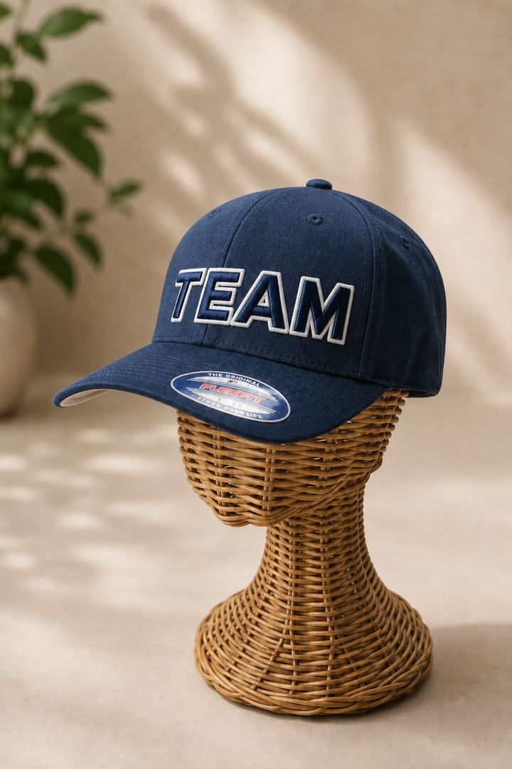 SquadOutline two-layer 3D puff embroidery spelling TEAM in Clean Modern — navy cap with clean white outline and navy puff fill