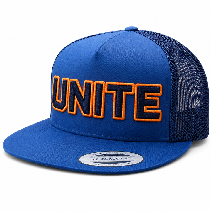 SquadOutline two-layer 3D puff embroidery spelling UNITE in High Energy — blue trucker cap with vibrant orange outline and navy puff fill