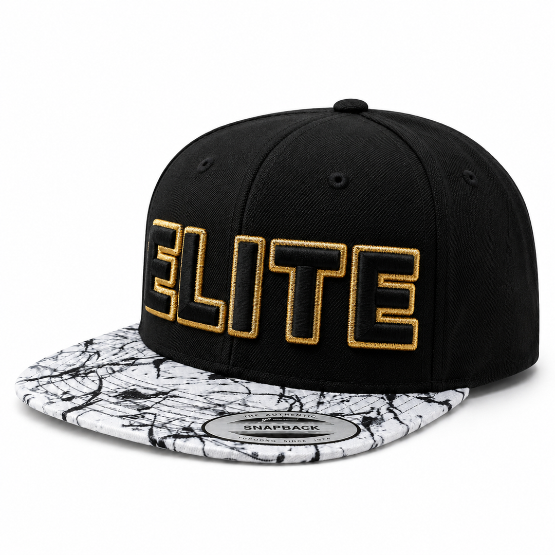 SquadOutline two-layer 3D puff embroidery spelling ELITE in Luxury Prestige — black cap with rich gold outline and jet black puff fill