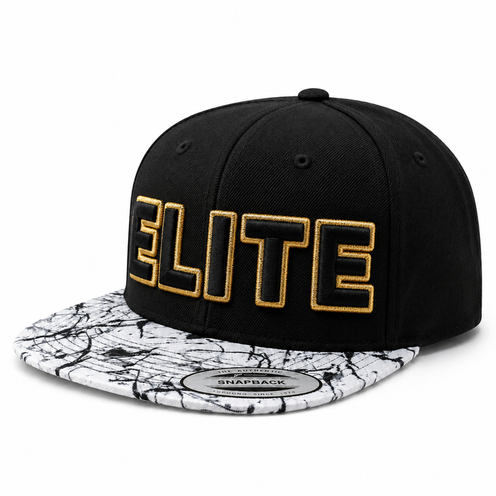 SquadOutline two-layer 3D puff embroidery spelling ELITE in Luxury Prestige — black cap with rich gold outline and jet black puff fill