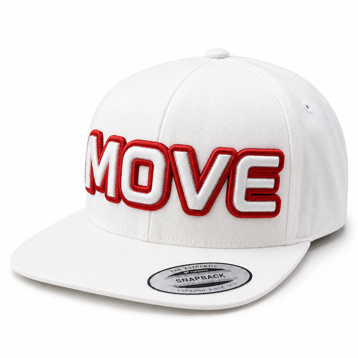SquadOutline two-layer 3D puff embroidery spelling MOVE in Vibrant Pop — white cap with vibrant red outline and clean white puff fill