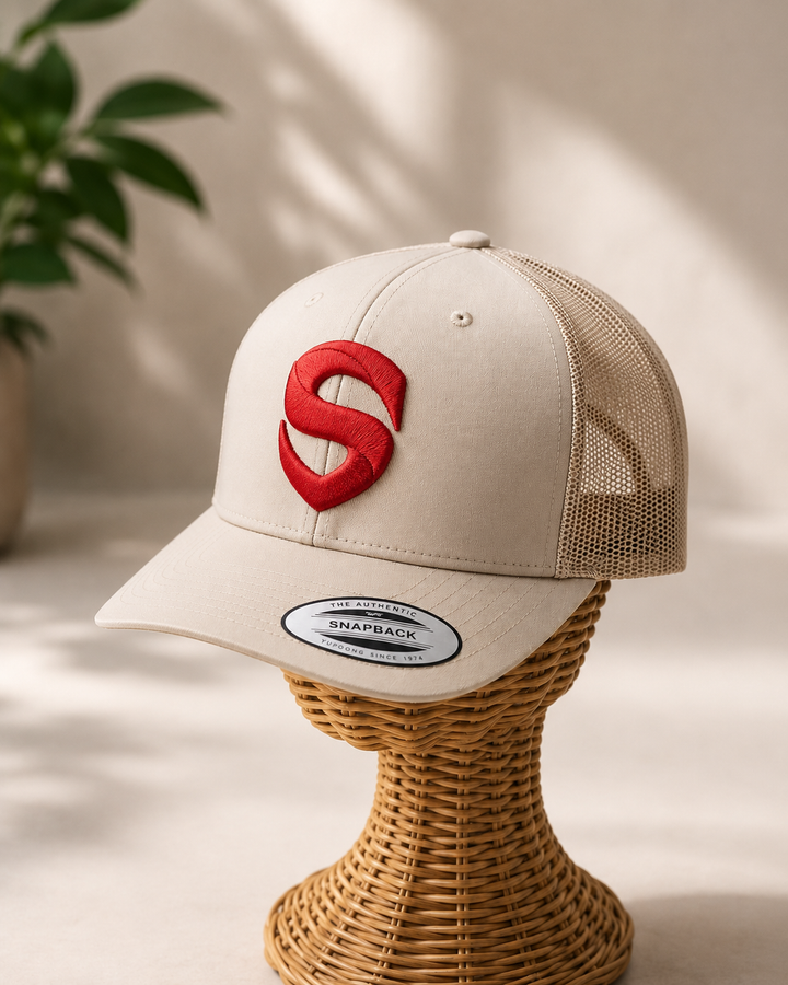 🍷⚡ Crimson Shield – Stitched Shield · White 3D puff · Burgundy Flexfit Curved | Hand Finished in Dubai | EmbroMania