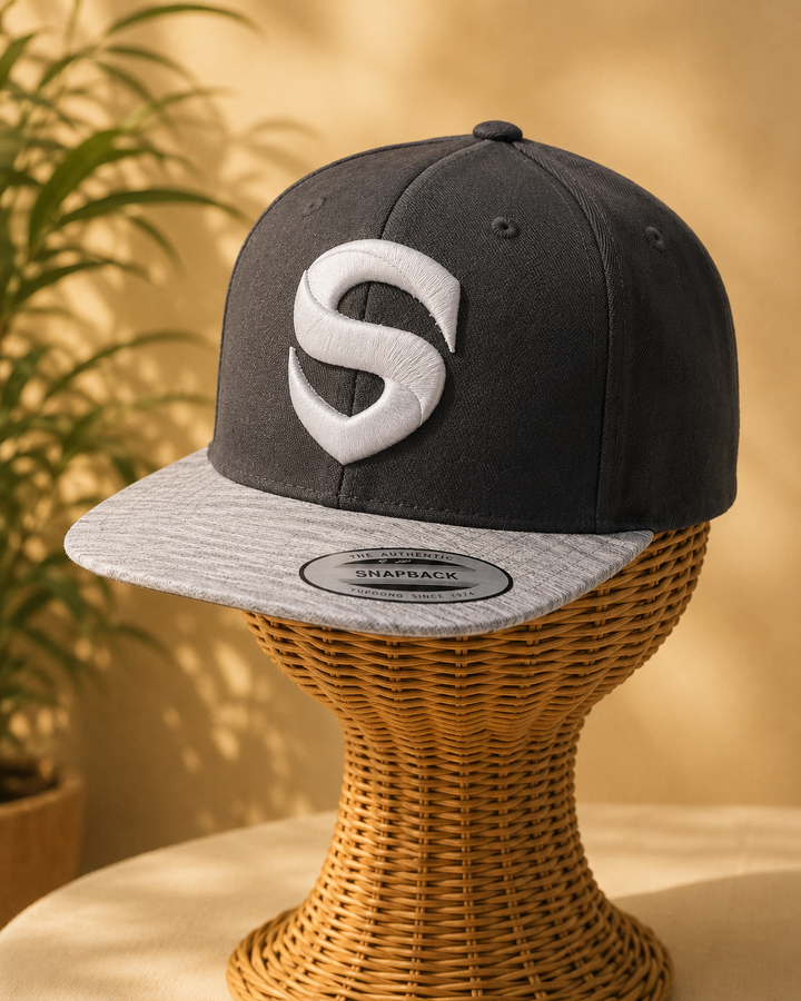 🏜️🔴 Desert Shield – Stitched Shield · Red 3D puff · Sand Beige Retro Trucker | Hand Finished in Dubai | EmbroMania