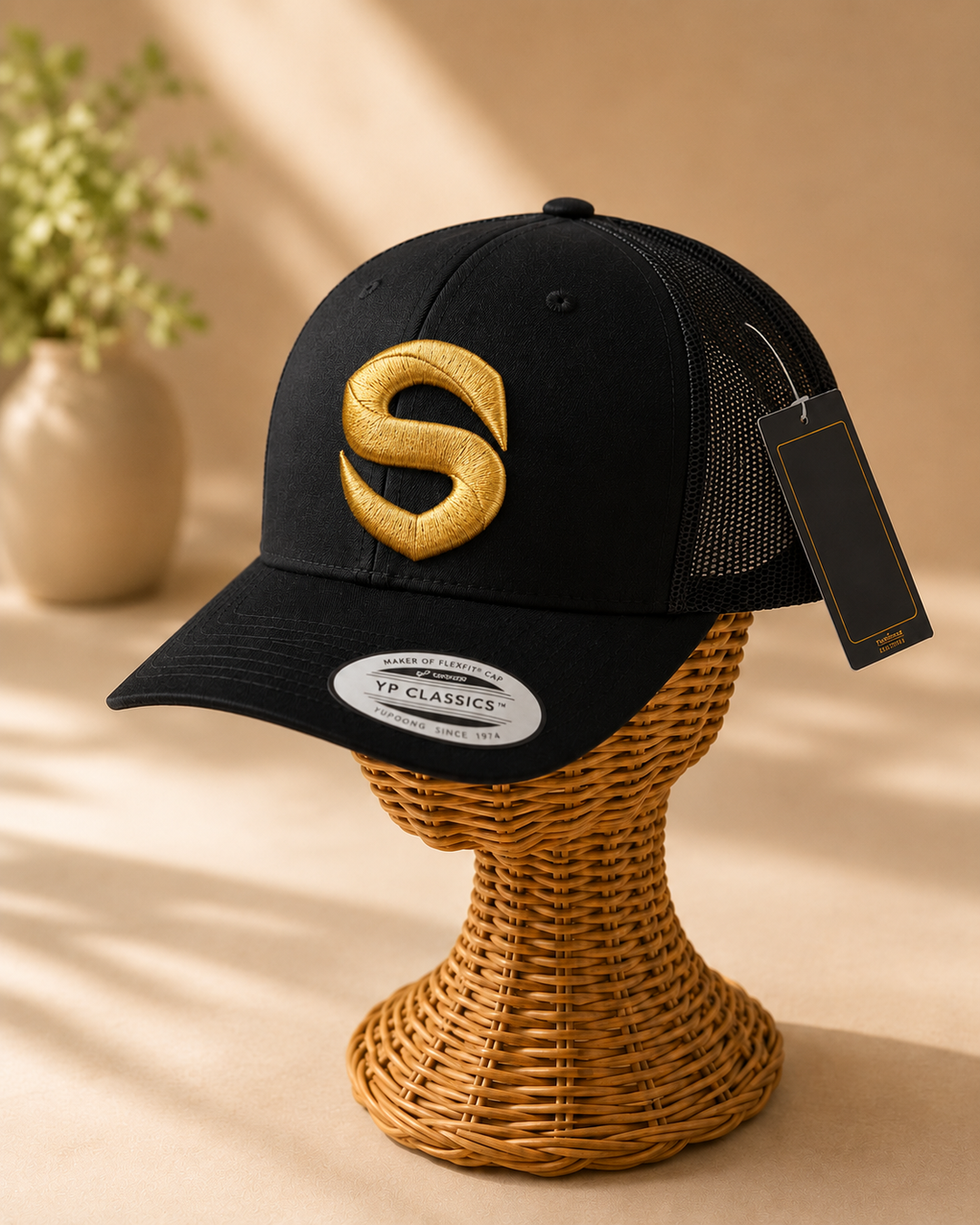 ✨🖤 Gold Shield – Stitched Shield · Gold 3D puff · Black Curved Trucker | Hand Finished in Dubai | EmbroMania