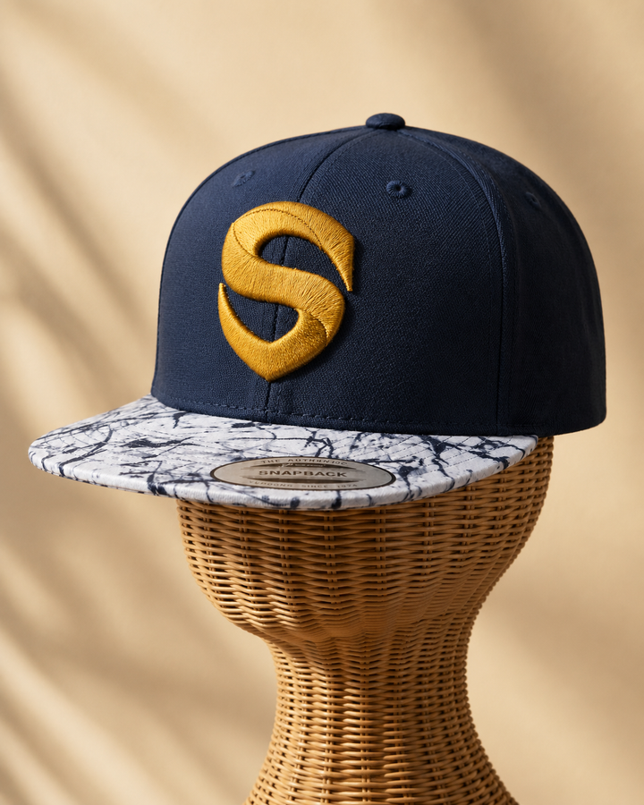 ⚡🌊 Navy Shield – Stitched Shield · White 3D puff · Dark Navy Curved Trucker | Hand Finished in Dubai | EmbroMania