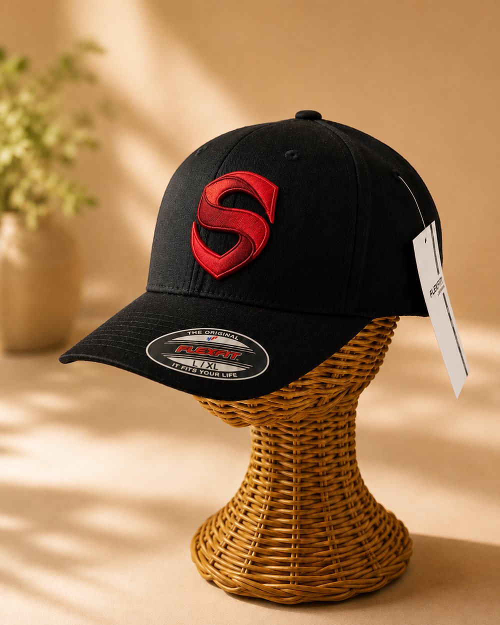 🔴🖤 Shield Blaze – Stitched Shield · Red 3D puff · Black Solid Flexfit | Hand Finished in Dubai | EmbroMania