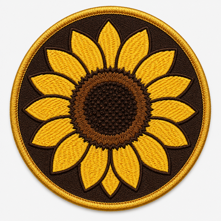 Sunfield Crest embroidery patch featuring a sunflower head facing forward in flat yellow and brown | Hand Finished in Dubai | EmbroMania