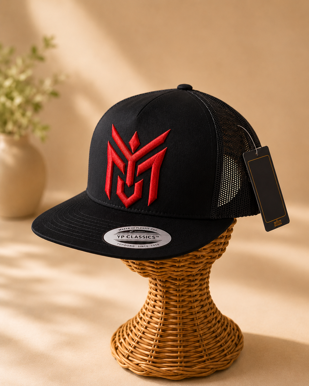 🔴⚔️ Blood Wing – Talon Wing Crest · Red puff · Black Solid Flexfit | Hand Finished in Dubai | EmbroMania