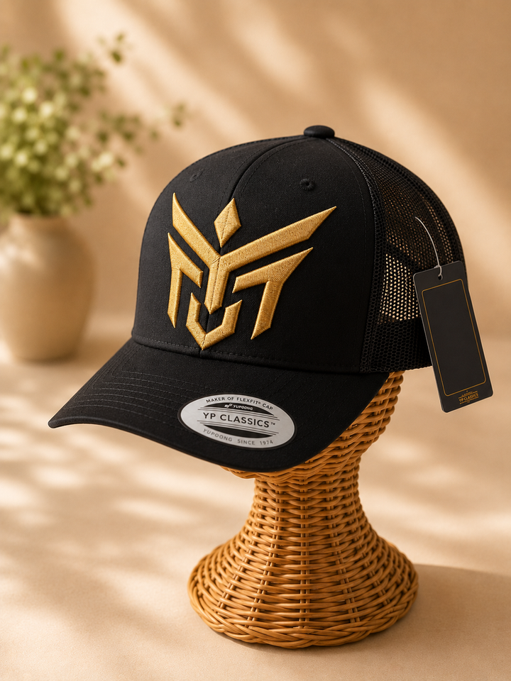🔴🖤 Crimson Talon – Talon Wing Crest · Red puff · Black Flat Trucker | Hand Finished in Dubai | EmbroMania
