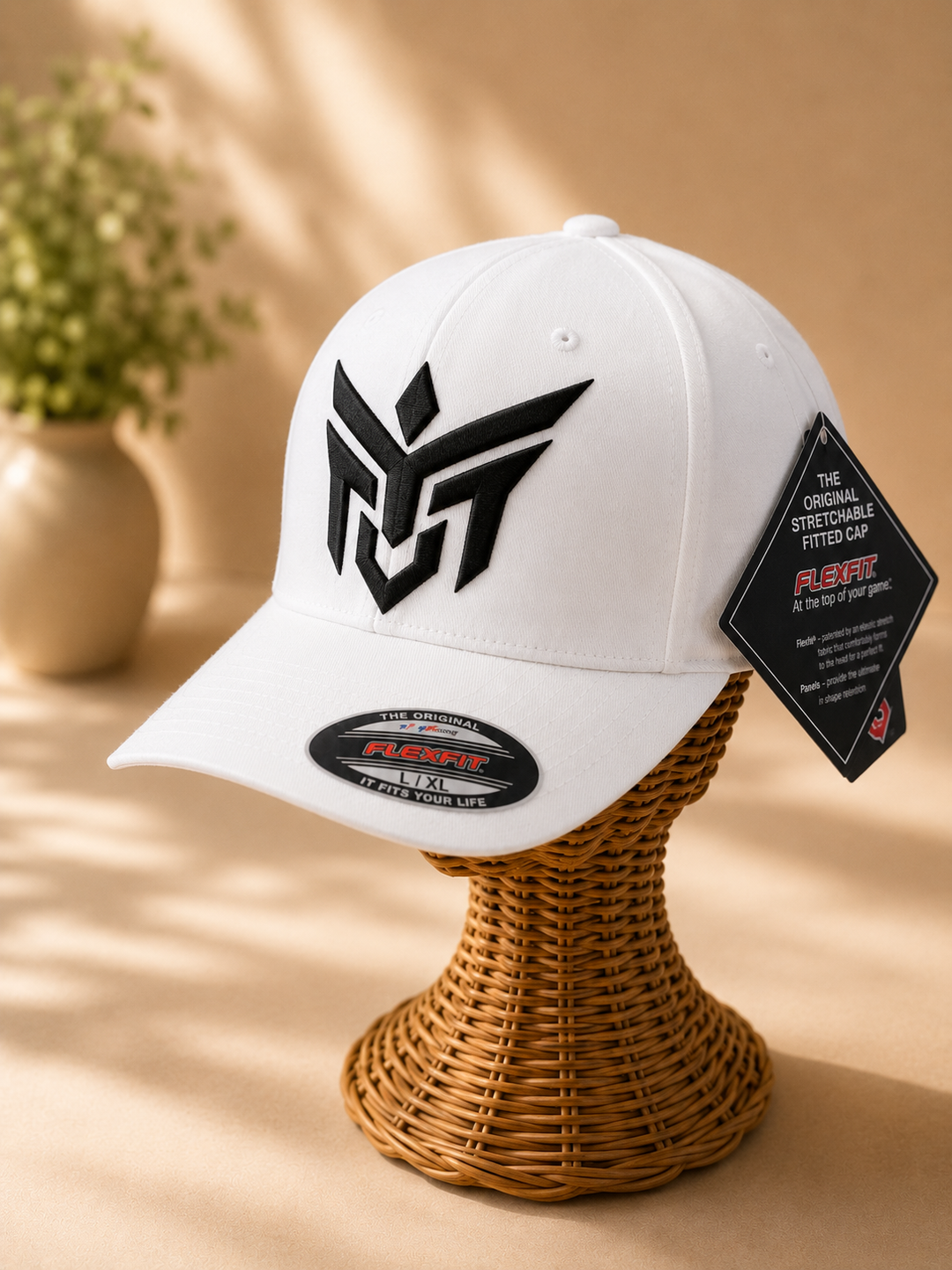 🖤☁️ Ivory Wing – Talon Wing Crest · Black puff · White Solid Flexfit | Hand Finished in Dubai | EmbroMania