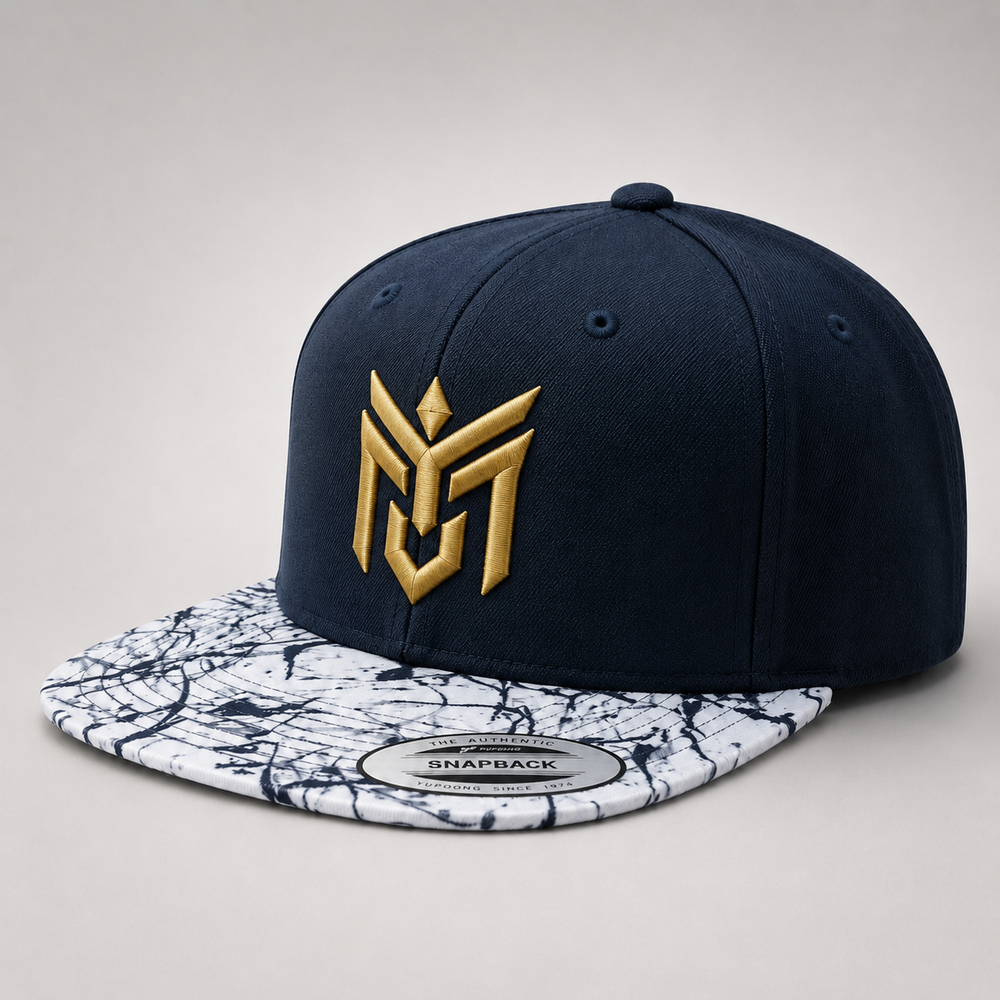 🌊✨ Marble Talon – Talon Wing Crest · Gold puff · Navy Crown & Marble Brim Snapback | Hand Finished in Dubai | EmbroMania