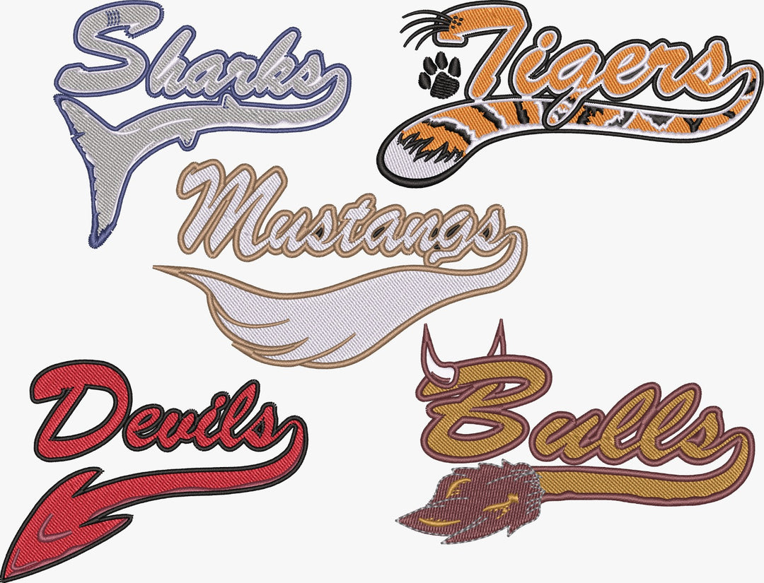Set of sports team logos including Sharks, Tigers, Mustangs, Devils, and Bulls on a white background.