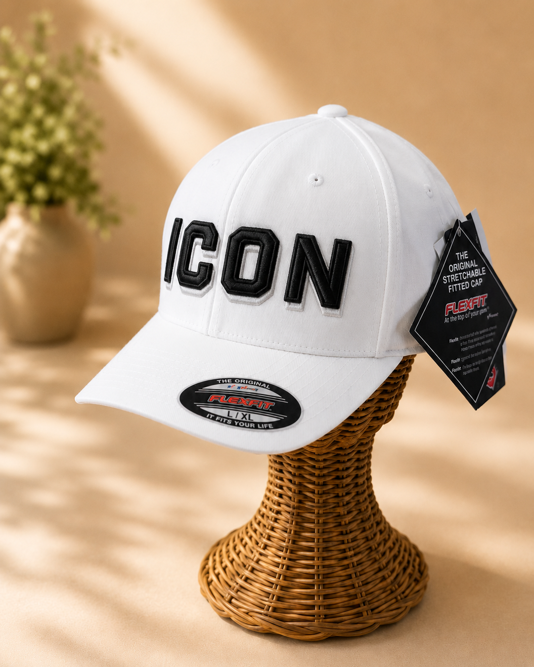 Ash Crown – Tri-Stack Puff · Black top · Charcoal mid · White base · White Flexfit curved | Hand Finished in Dubai | EmbroMania