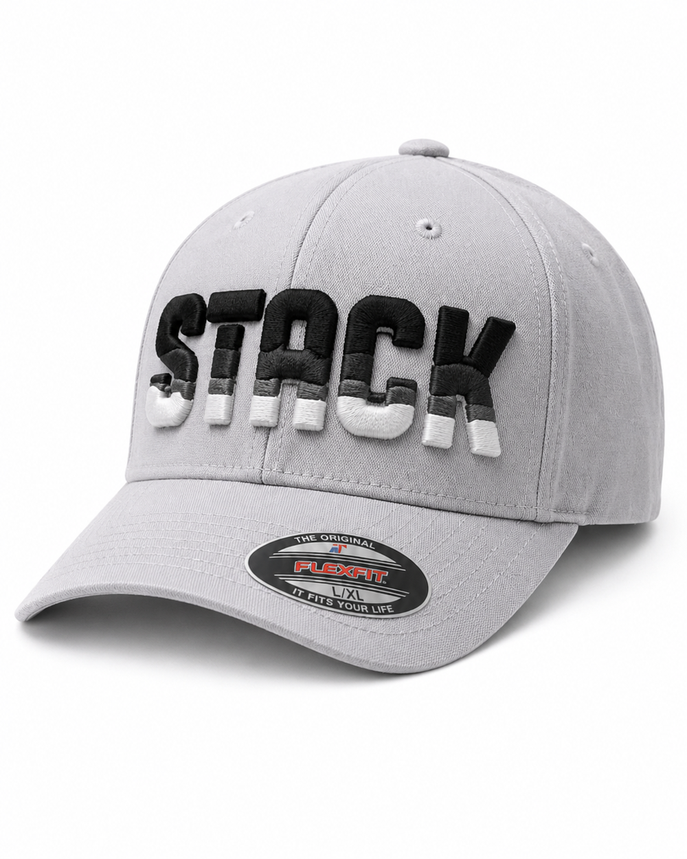Tri-Stack Puff embroidery in Ash Crown — light grey cap with black, charcoal, and white stacked 3D puff layers