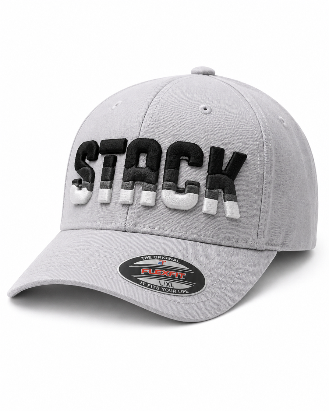 Tri-Stack Puff embroidery in Ash Crown — light grey cap with black, charcoal, and white stacked 3D puff layers