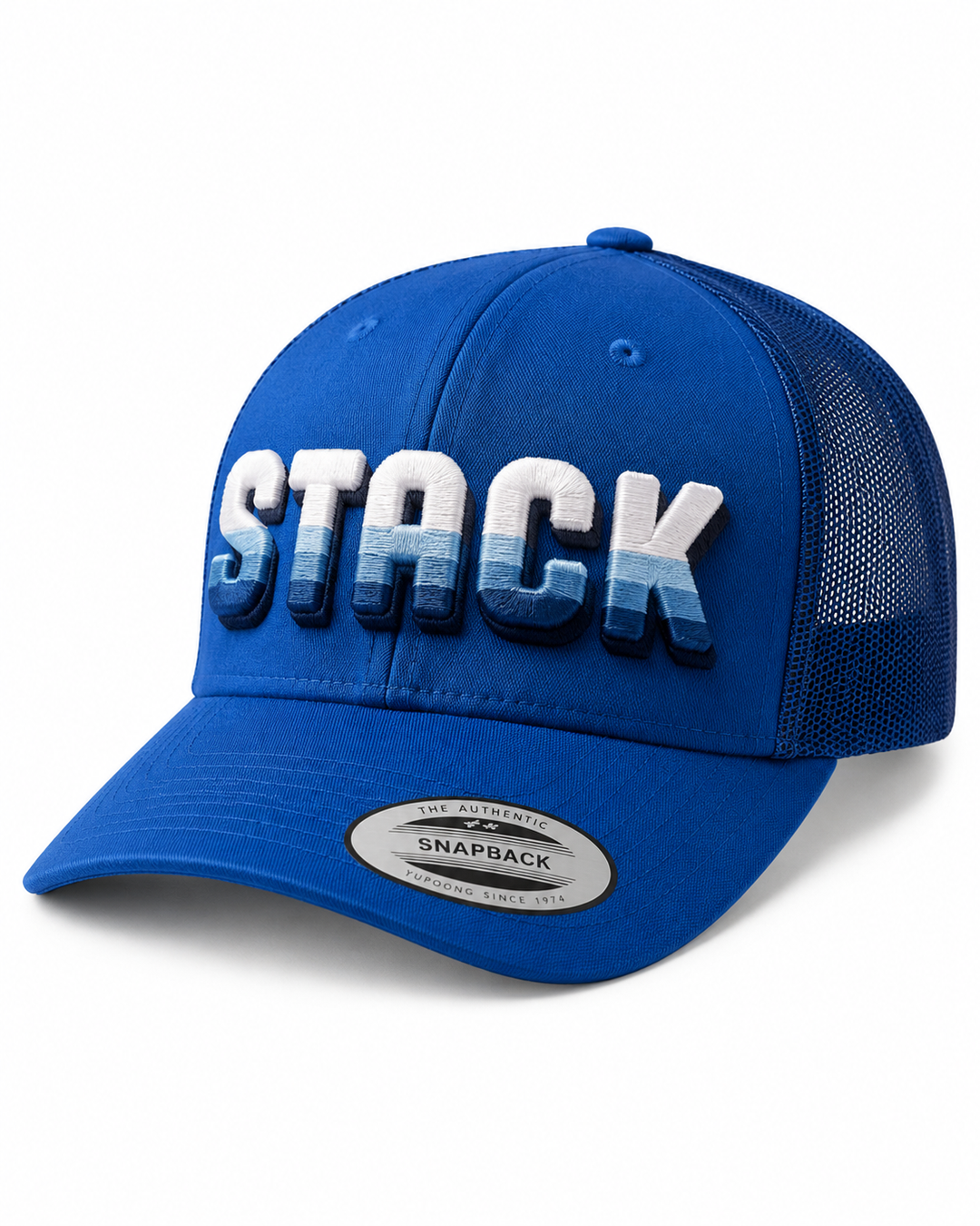 Tri-Stack Puff embroidery in Atlantic — blue cap with white, sky blue, and navy stacked 3D puff layers
