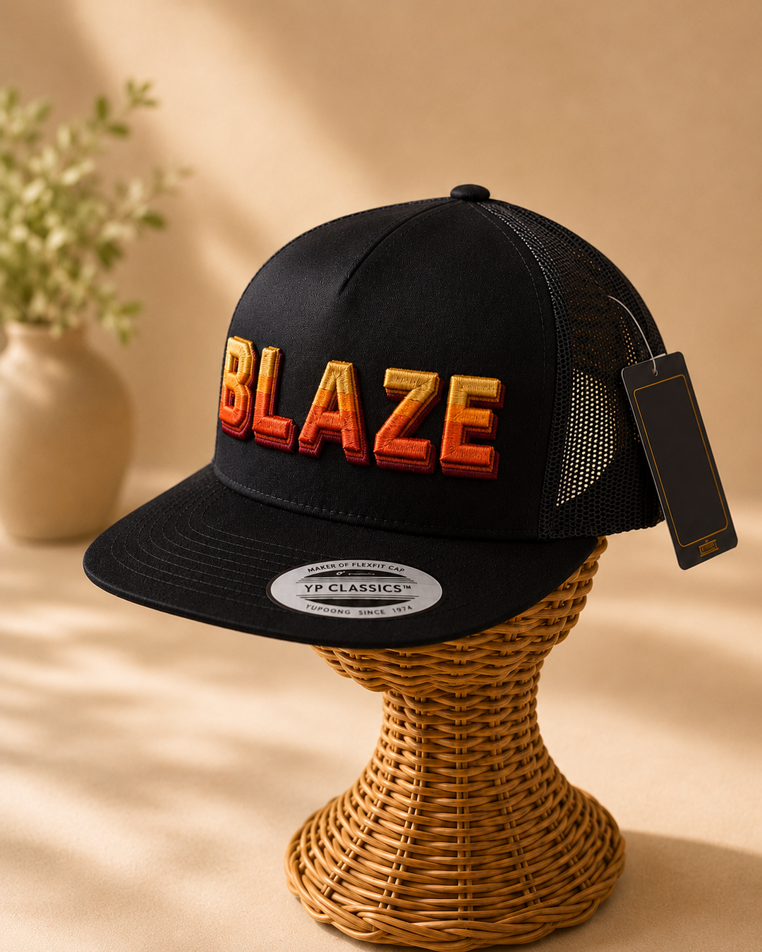Ember &amp; Gold – Tri-Stack Puff · Gold top · Orange mid · Burgundy base · Black flat trucker | Hand Finished in Dubai | EmbroMania