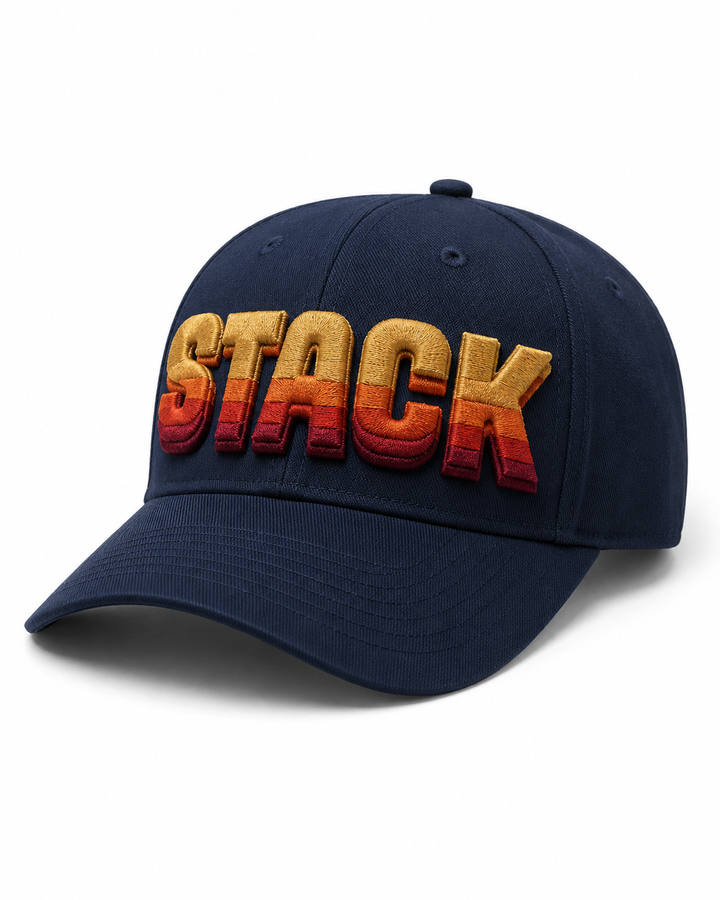 Tri-Stack Puff embroidery in Ember &amp; Gold — navy cap with gold, orange, and burgundy stacked 3D puff layers