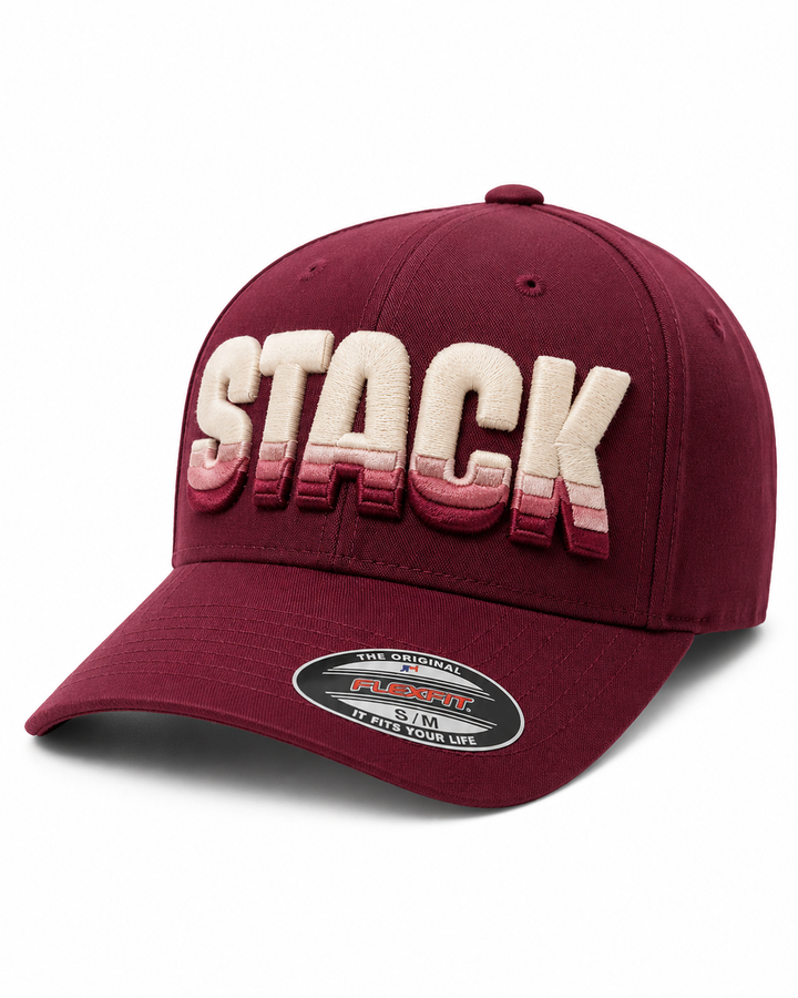 Tri-Stack Puff embroidery in Rose Heritage — maroon cap with cream, dusty pink, and deep maroon stacked 3D puff layers