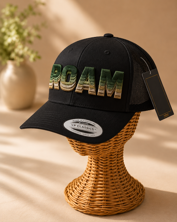 Sage &amp; Sand – Tri-Stack Puff · Forest green top · Sage mid · Tan base · Black curved trucker | Hand Finished in Dubai | EmbroMania