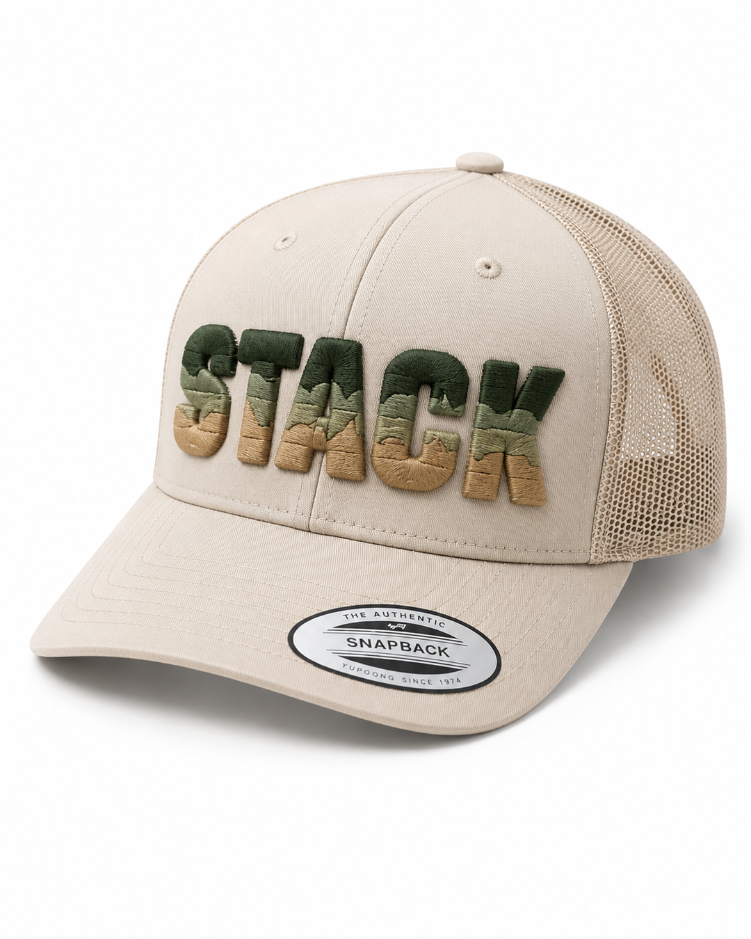 Tri-Stack Puff embroidery in Sage &amp; Sand — beige cap with forest green, sage, and tan stacked 3D puff layers