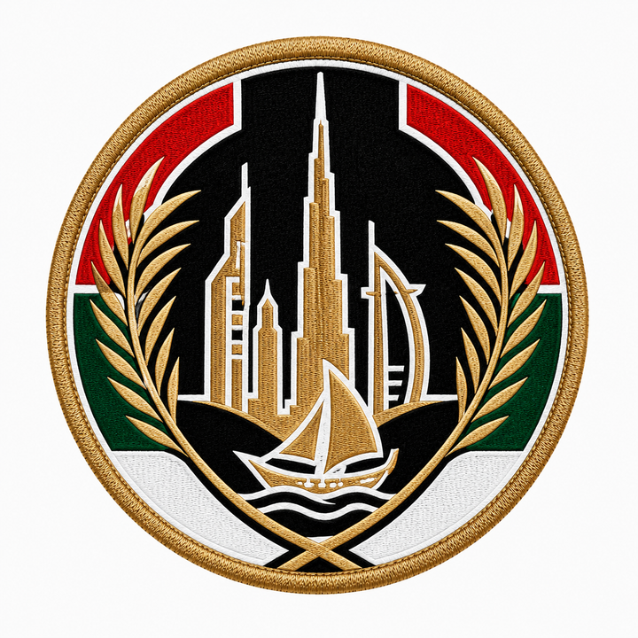 UAE Skyline Victory Crest embroidery patch featuring the Dubai skyline framed by palm fronds in the colours of the UAE flag | Hand Finished in Dubai | EmbroMania