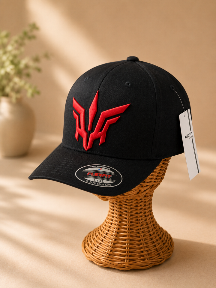 🔴🖤 Crimson Flight – Valkyrie Crest · Red puff · Black Solid Flexfit | Hand Finished in Dubai | EmbroMania