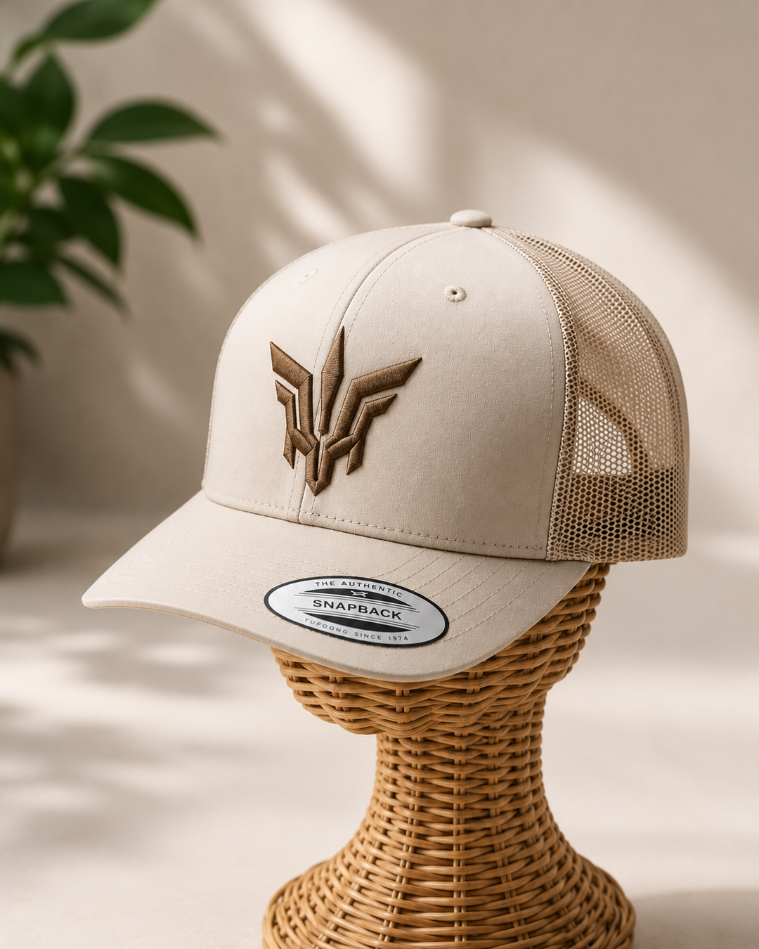 🟤🏜️ Desert Flight – Valkyrie Crest · Brown puff · Sand Beige Retro Trucker | Hand Finished in Dubai | EmbroMania