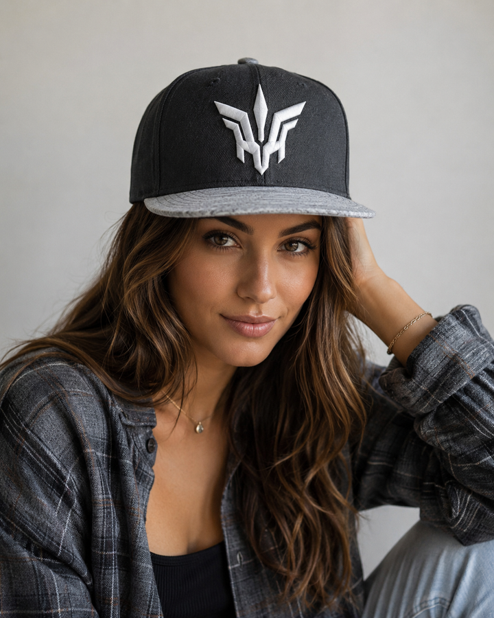 ❄️⚡ Frost Flight – Valkyrie Crest · White puff · Charcoal Heather Grey Snapback | Hand Finished in Dubai | EmbroMania