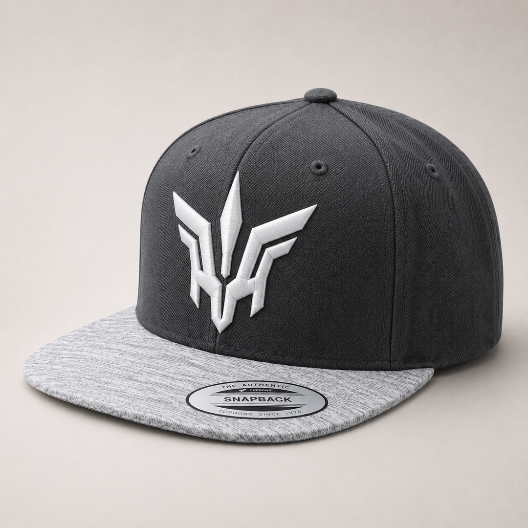 ❄️⚡ Frost Flight – Valkyrie Crest · White puff · Charcoal Heather Grey Snapback | Hand Finished in Dubai | EmbroMania