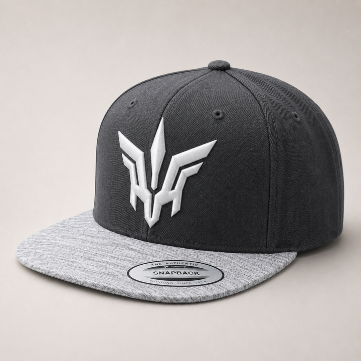 ❄️⚡ Frost Flight – Valkyrie Crest · White puff · Charcoal Heather Grey Snapback | Hand Finished in Dubai | EmbroMania