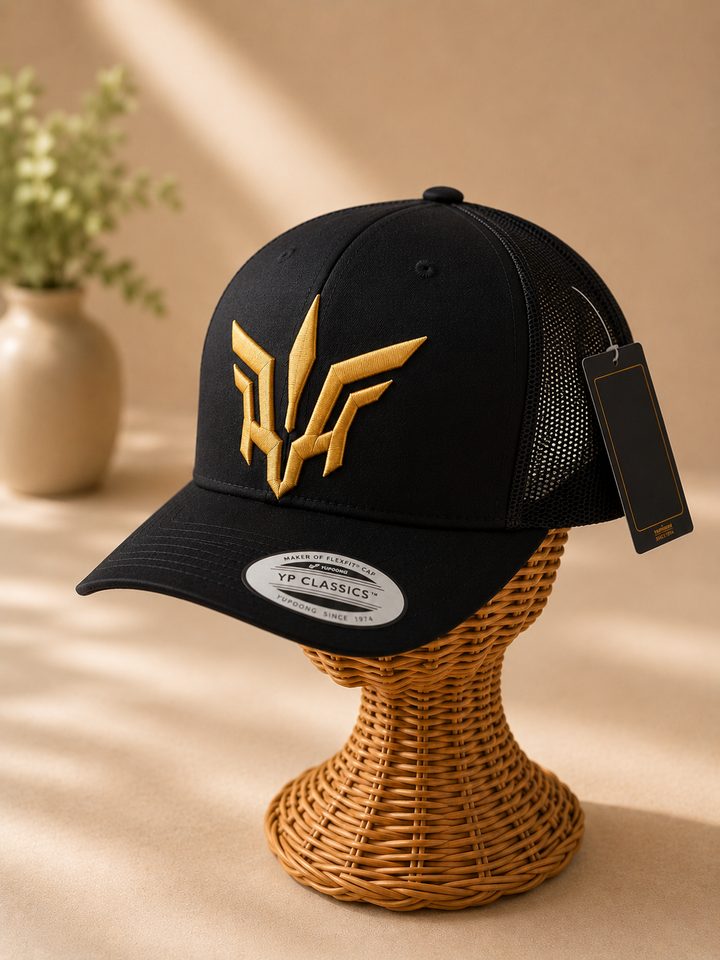 🥇👑 Golden Flight – Valkyrie Crest · Gold puff · Black Curved Trucker | Hand Finished in Dubai | EmbroMania