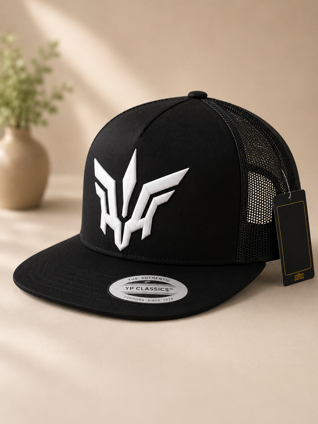 🤍🔥 Ivory Flight – Valkyrie Crest · White puff · Black Flat Trucker | Hand Finished in Dubai | EmbroMania