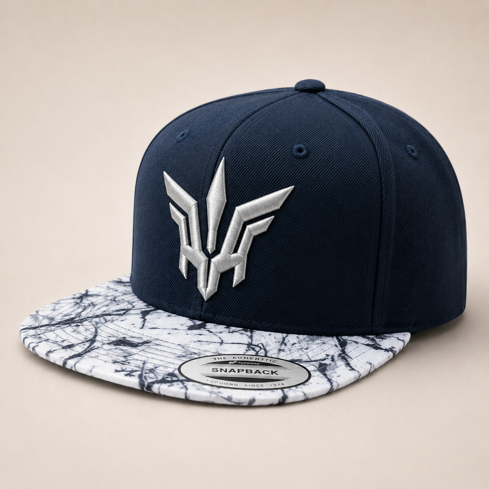 ⚔️🌌 Marble Flight – Valkyrie Crest · Silver puff · Navy Marble Brim Snapback | Hand Finished in Dubai | EmbroMania
