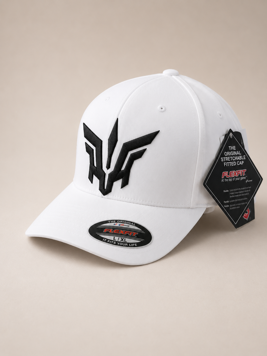 🖤⚡ Midnight Flight – Valkyrie Crest · Black puff · White Solid Flexfit | Hand Finished in Dubai | EmbroMania