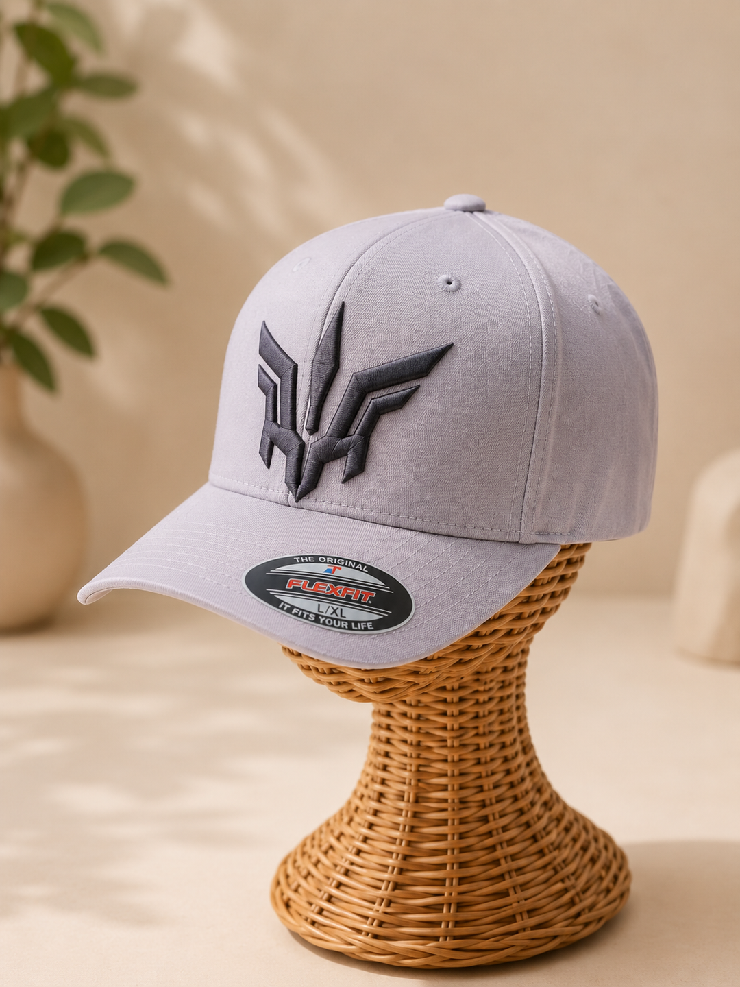 ⚫🌫️ Shadow Flight – Valkyrie Crest · Charcoal puff · Light Grey Flexfit Curved | Hand Finished in Dubai | EmbroMania
