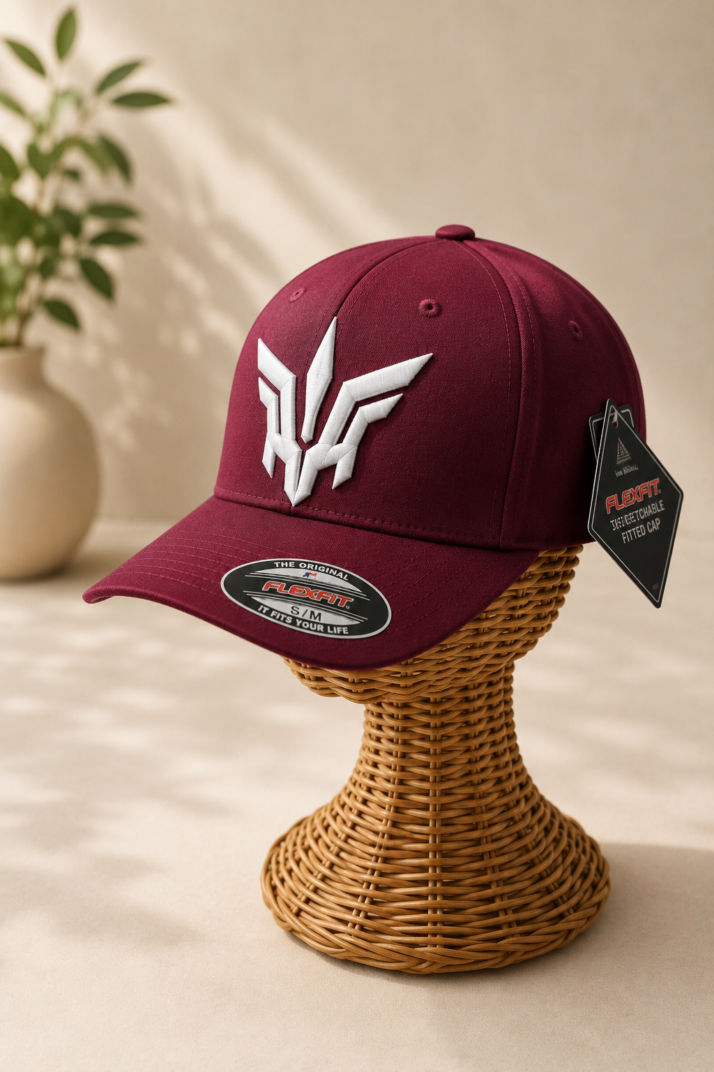 🤍🍷 Wine Flight – Valkyrie Crest · White puff · Burgundy Flexfit Curved | Hand Finished in Dubai | EmbroMania
