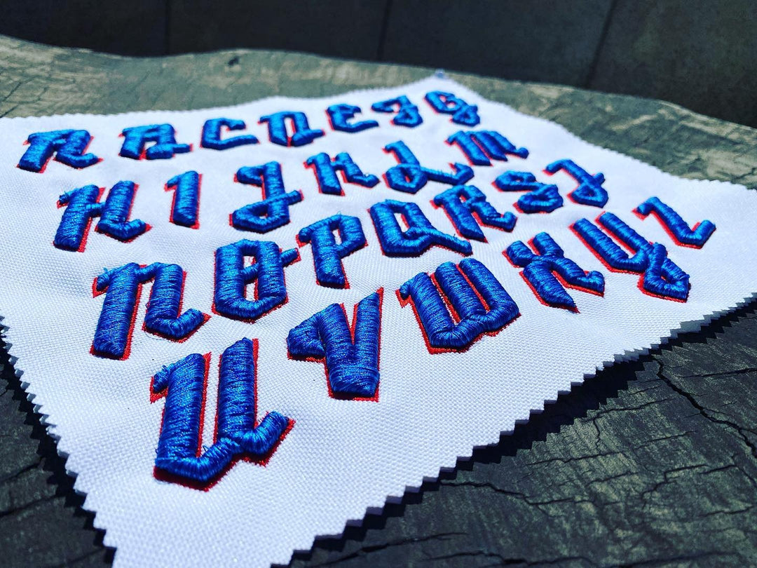 Vanguard 3D Puff – Gothic Blackletter Full Alphabet · Royal Blue fill · Red outline · Embroidered on Fabric Swatch | Hand Finished in Dubai | EmbroMania
