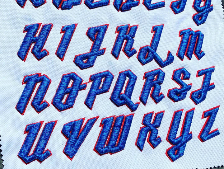 Vanguard 3D Puff – Gothic Blackletter Full Alphabet H–Z · Royal Blue fill · Red outline · Machine Embroidered Reference Sheet | Hand Finished in Dubai | EmbroMania