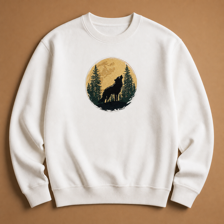 Mystic Forest Wolf Machine Embroidered Sweatshirt – Hand Finished in Dubai | EmbroMania