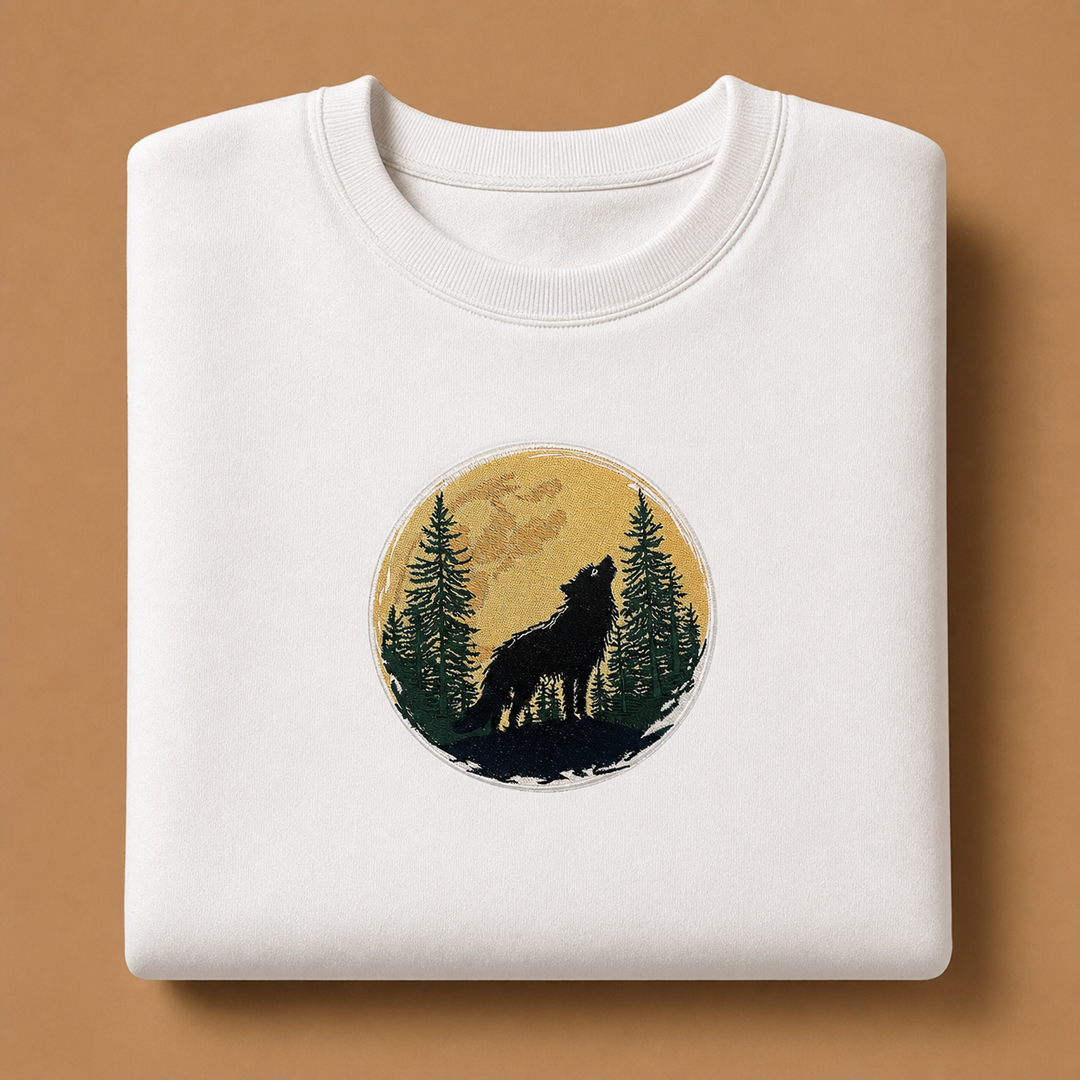 Mystic Forest Wolf Machine Embroidered Sweatshirt – Hand Finished in Dubai | EmbroMania